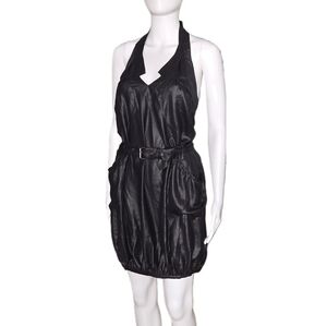 DARYL K Shiny Black Liquid Sharkskin Belted "Parachute" Halter Mini Dress P/XS
